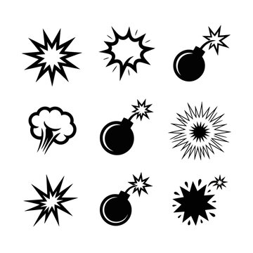 Explosion icon set in black and white vector graphics format