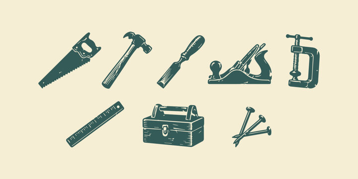 Hand Tools and Woodwork Equipment Vector Bundle, Clean Flat Carpentry Illustration Pack