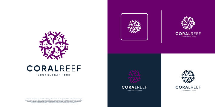 underwater life logo, with coral reef shape, protection, preservation, graphic vector template.