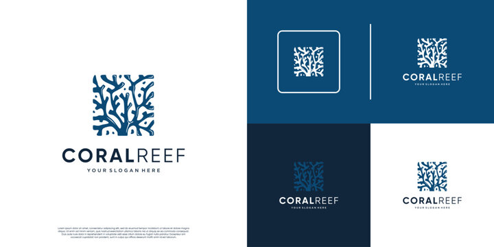 marine biota logo, square coral reef shape, nature conservation, diving, tourist destination, graphic vector template.