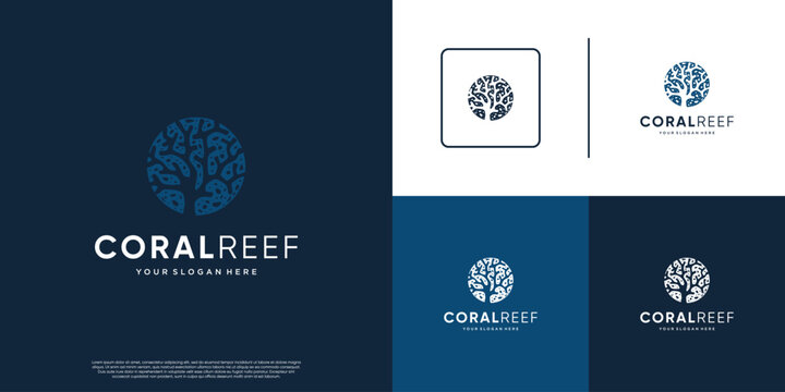 coral reef logo with negative space style, diversity, underwater life, vector design illustration.