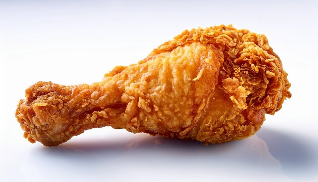 crispy golden fried chicken drumstick with a crunchy coating on a white background