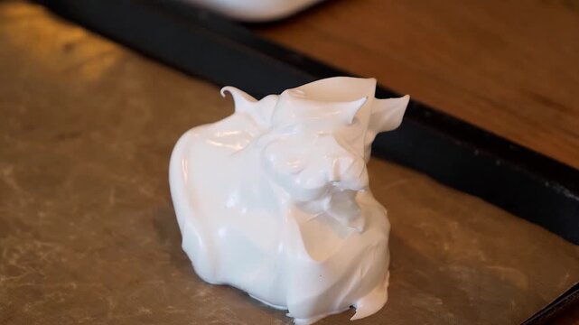 Close-up footage of a thick, glossy white marshmallow frosting or meringue being poured from a bowl onto a baking sheet lined with parchment paper. This rich, sweet mixture is perfect for use as a top