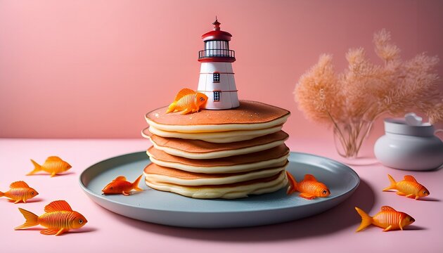 whimsical stack of pancakes with a mini lighthouse and goldfish on a pink background