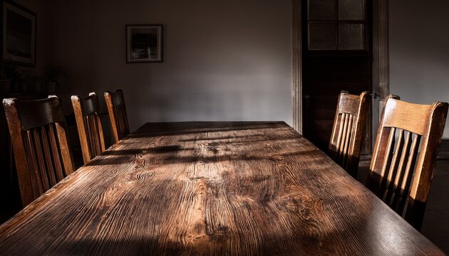empty dining room with old wooden table and chairs in a darkened room