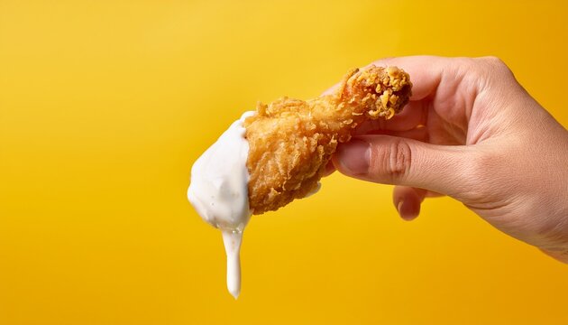 a hand holds a fried chicken tender dipped in white sauce against a yellow background