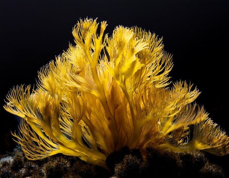 a vibrant yellow seaweed plant against a black background