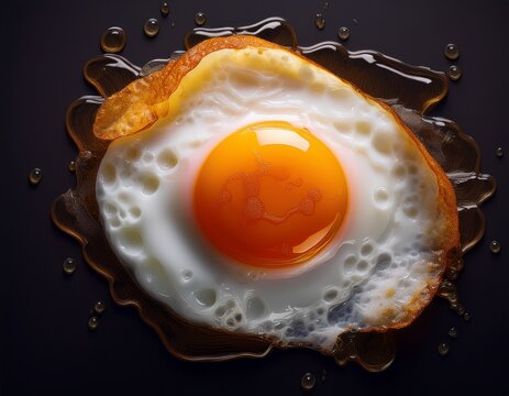 a fried egg with a runny yolk on a black background