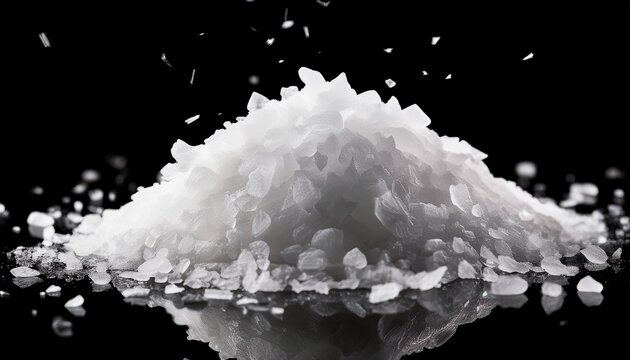 crystalline salt flakes isolated on black background for culinary and industrial applications
