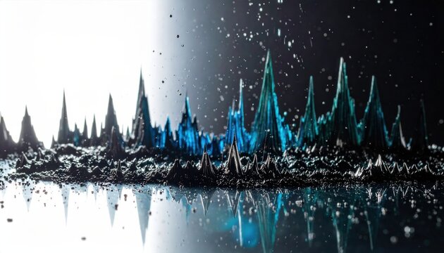 Quantum superposition represented by shimmering wave patterns interacting with spikes of blue crystalline formations in a dark environment.