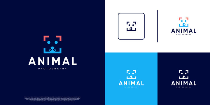 Abstract photography frame logo with dog head concept, digital photo and video services, graphic design template.