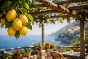 Naklejka premium Beautiful view of Amalfi on the Mediterranean coast with lemons in the foreground, Italy