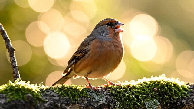 Finch perched on mossy branch in warm sunset light