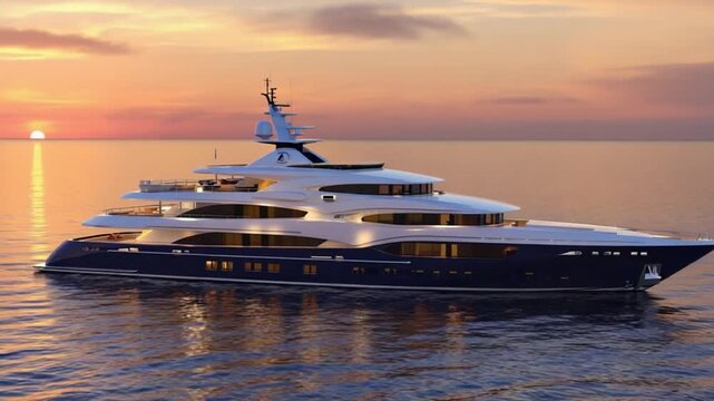 Luxury superyacht cruising at sunset with golden reflections on calm sea waters