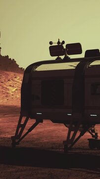 A Mars rover stands on the surface of Mars. The rover is designed for exploration and observation. The sky has a yellow hue, and the Martian terrain is rocky and dusty.