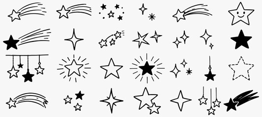 Black star doodle icons set with shooting stars and sparkle elements © Bohdan