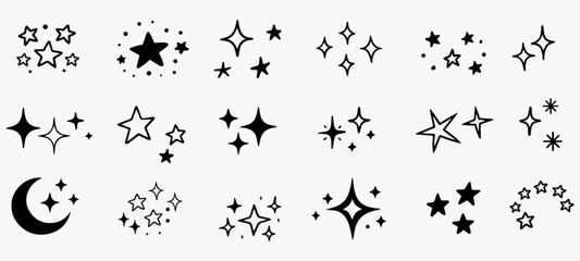 Sparkle star doodle icons set with twinkle shine and glow elements © Bohdan