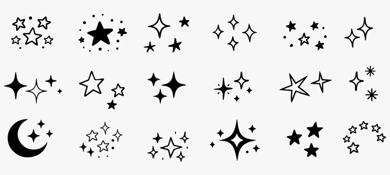 Sparkle star doodle icons set with twinkle shine and glow elements