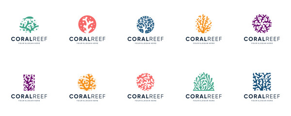 Collection of marine biota logos with coral reef concepts, symbols of conservation, natural balance, vector graphic design. © dhulpikir
