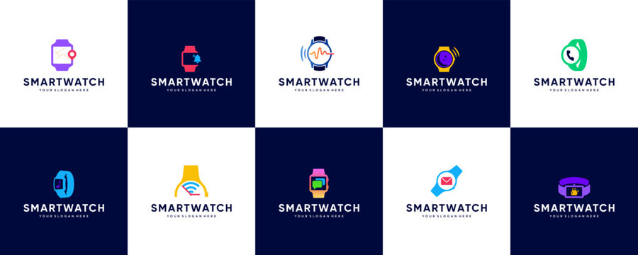 Collection of modern technology logos with smart watch concept, interconnected, notification, monitoring, vector design templates.