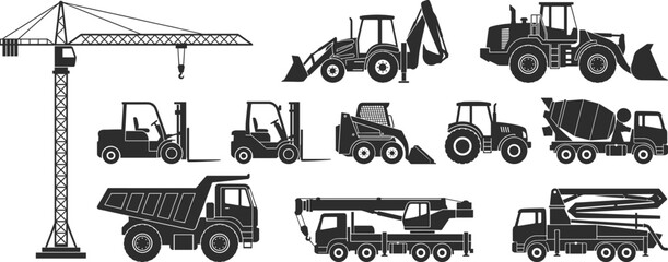 Construction machinery silhouette set featuring crane, excavator, trucks, and industrial vehicles in flat vector style for engineering and building design projects © GeetaRani