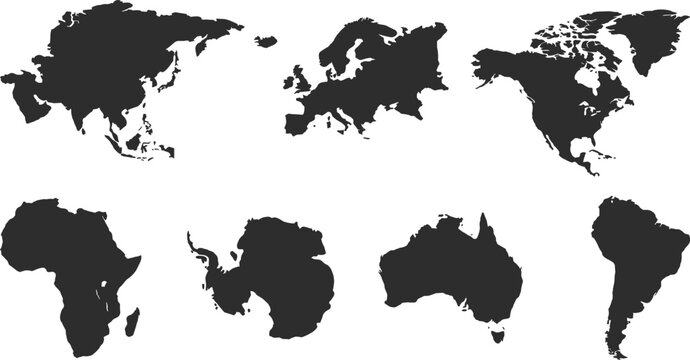 Set of seven minimalist black continental silhouettes featuring individual Asia Europe North America Africa Antarctica Australia and South America maps isolated on white.