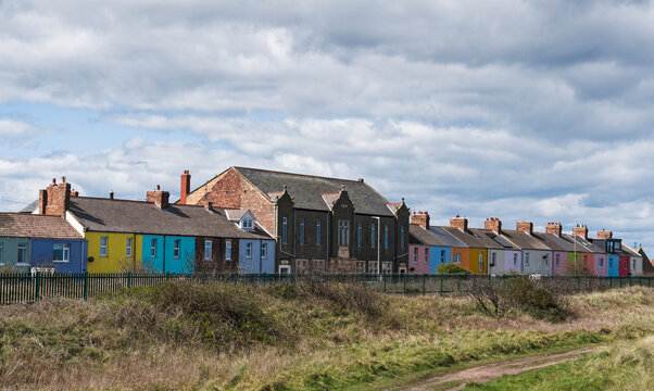 Colourful houses at Cambois, Northumberland, UK