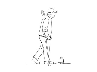 Fototapeta premium Senior man walking with crutch and prescription medicine. Continuous one line drawing. Minimalist vector illustration