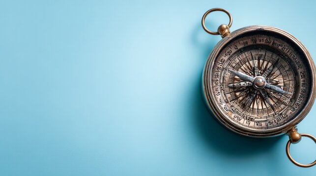 Compass on a light blue background, seen from above, shows where to go. Room for your words.