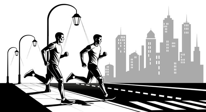 Two men jogging on city sidewalk.