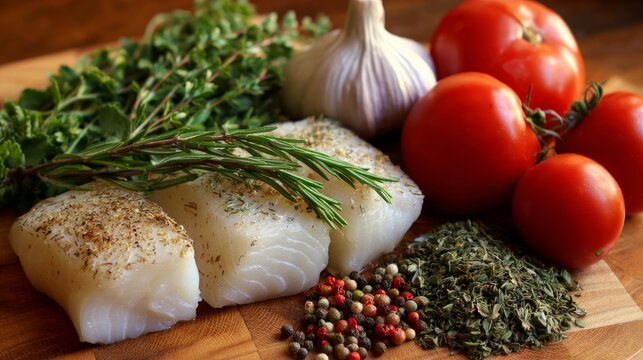 Cod, herbs, and tomatoes sit on a table, ready for cooking.