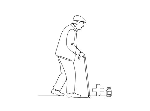 Elderly man walking with cane towards medicine continuous line drawing. Senior healthcare and pharmacy concept. Minimalist vector illustration