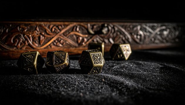 Intricately crafted bronze metal polyhedral dice arranged on a dark textured surface near an ornate wooden case, evoking a sense of tabletop adventure and fantasy gaming wonder.