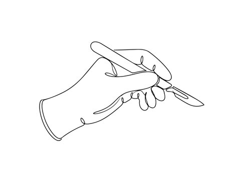 Gloved hand holding scalpel continuous one line drawing. Surgical medical instrument concept. Minimalist vector illustration