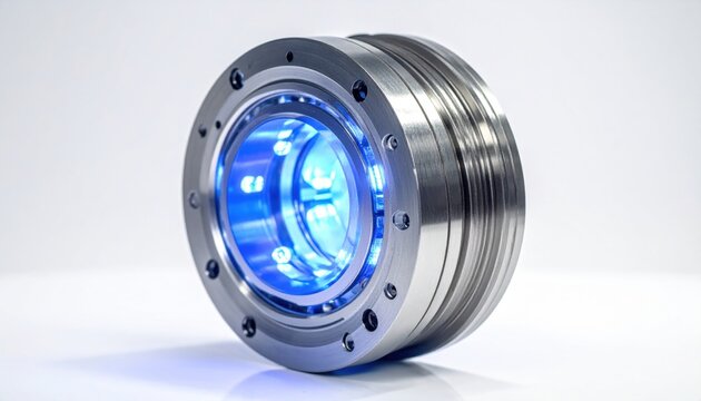 A highly detailed close up of a metallic theoretical quantum logic gate mechanism glowing with vibrant blue light, highlighting advanced engineering and futuristic technological innovation.