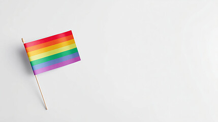 Fototapeta premium Small rainbow pride flag on a wooden stick placed on a clean white background, symbolizing LGBTQ+ pride and inclusivity in a minimalistic setting