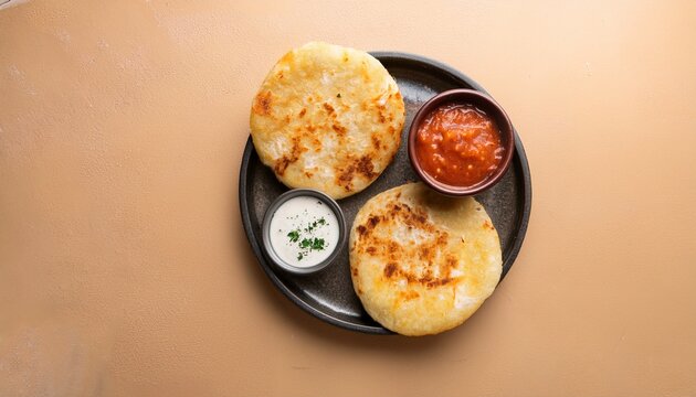 overhead flat lay of cheese pupusas with curtido and tomato sauce on beige backdrop