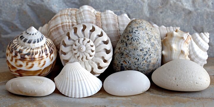 Collection of various seashells and stones on a rocky surface
