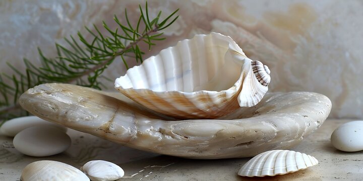 beautiful seashells and ocean inspired decor on a marble surface