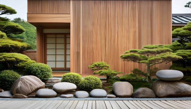 minimalist japandi exterior featuring light cedar wood surrounded by lush greenery and carefully arranged stones creating a serene and harmonious atmosphere with copy space