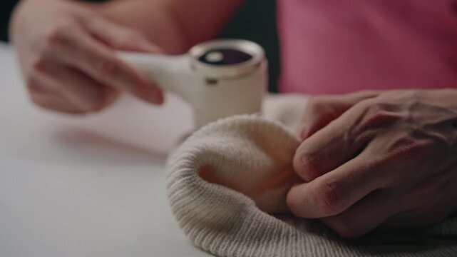 Male hand using portable electric lint remover on white knit fabric, shaving off fuzz to restore smooth texture and freshen garment during routine clothing care and maintenance, close-up, slow motion.