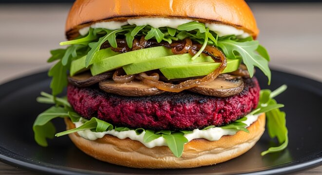 A gourmet veggie burger featuring a vibrant beet patty, sliced avocado, saut?ed mushrooms, caramelized onions, and fresh arugula