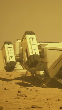 A spaceship rests on the ground of a distant planet. Its design is sleek and modern. The environment appears dusty with rocks scattered around.