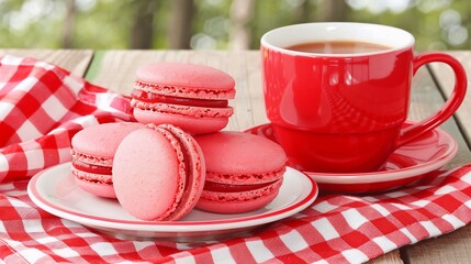 Obraz premium Pastel pink macarons on a plate beside a red mug of tea atop a gingham cloth