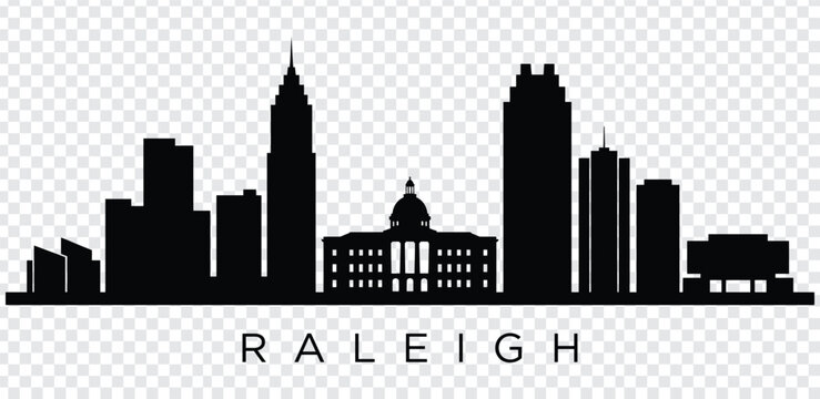 Black silhouette of raleigh city skyline with buildings and text