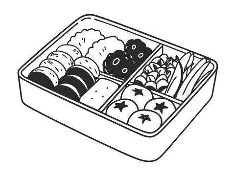 Japanese bento box with divided compartments and assorted food