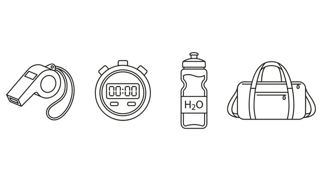 Sport coach equipment icons set with whistle stopwatch water bottle and fitness gym bag.