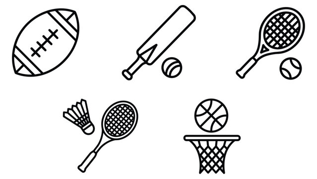 Variety of ball games equipment icons for rugby cricket tennis badminton and basketball.