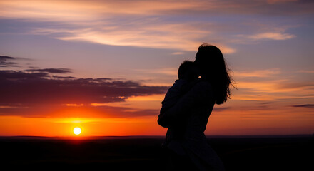 Fototapeta premium Silhouette of mother holding baby against vibrant sunset sky symbolizing love and family connection