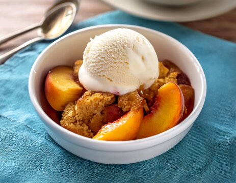 delicious peach cobbler dessert served with vanilla ice cream in a white bowl for sweet indulgence